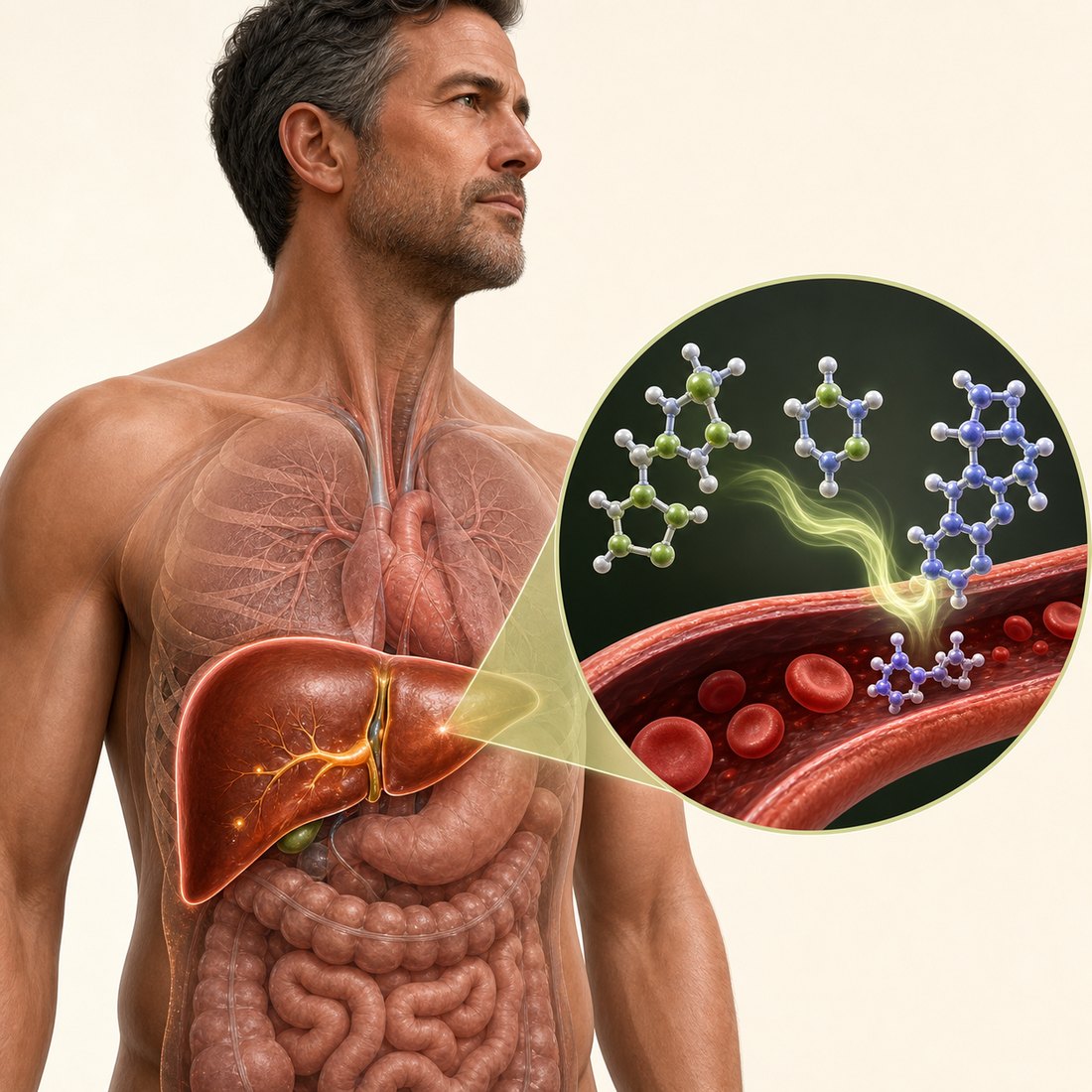 An anatomical illustration of internal uric acid production involving the liver and bloodstream