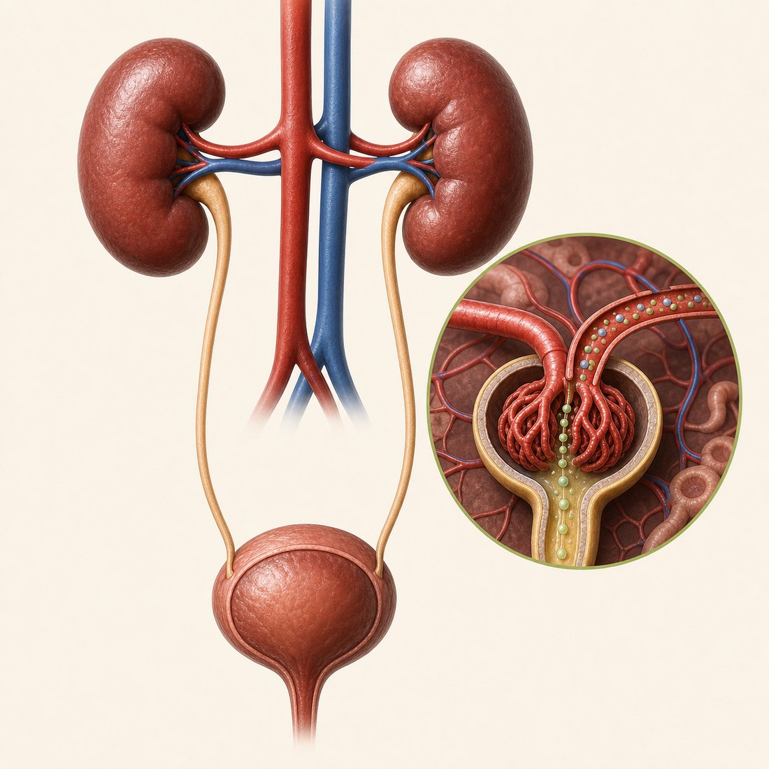 An anatomical illustration of the kidneys filtering compounds from the bloodstream