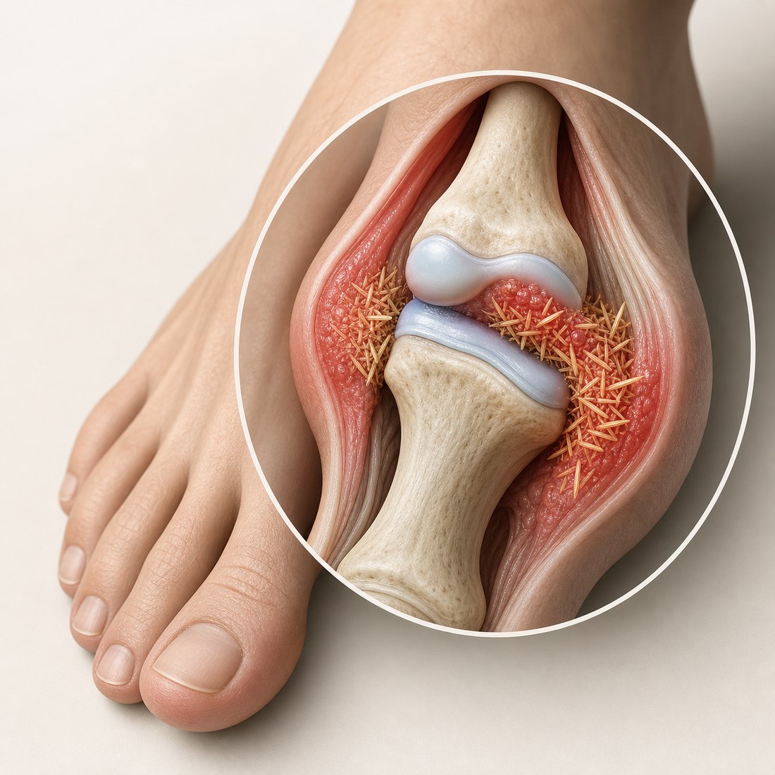 A cutaway illustration of needle-shaped urate crystals around the big-toe joint