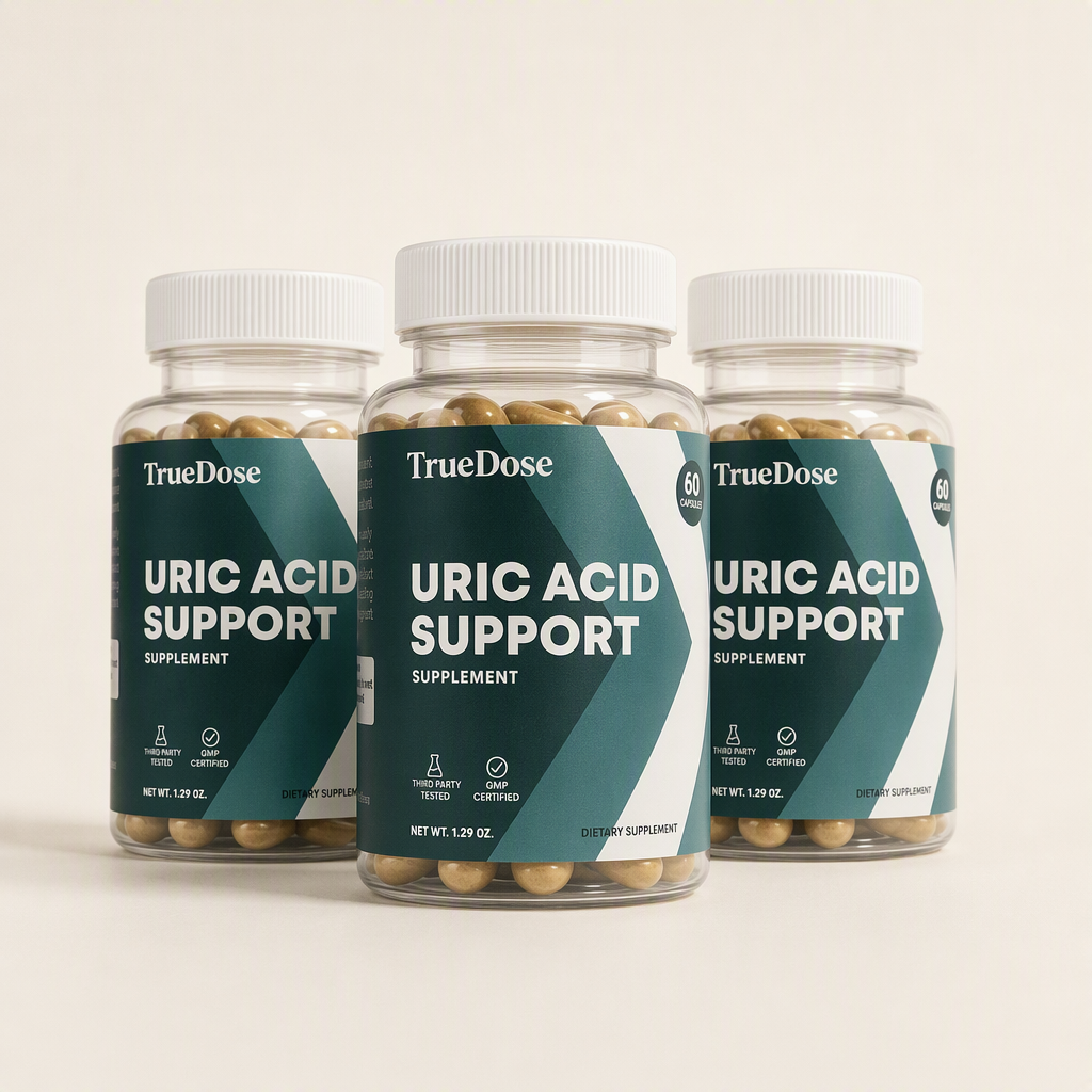 Three bottles of TrueDose Uric Acid Support