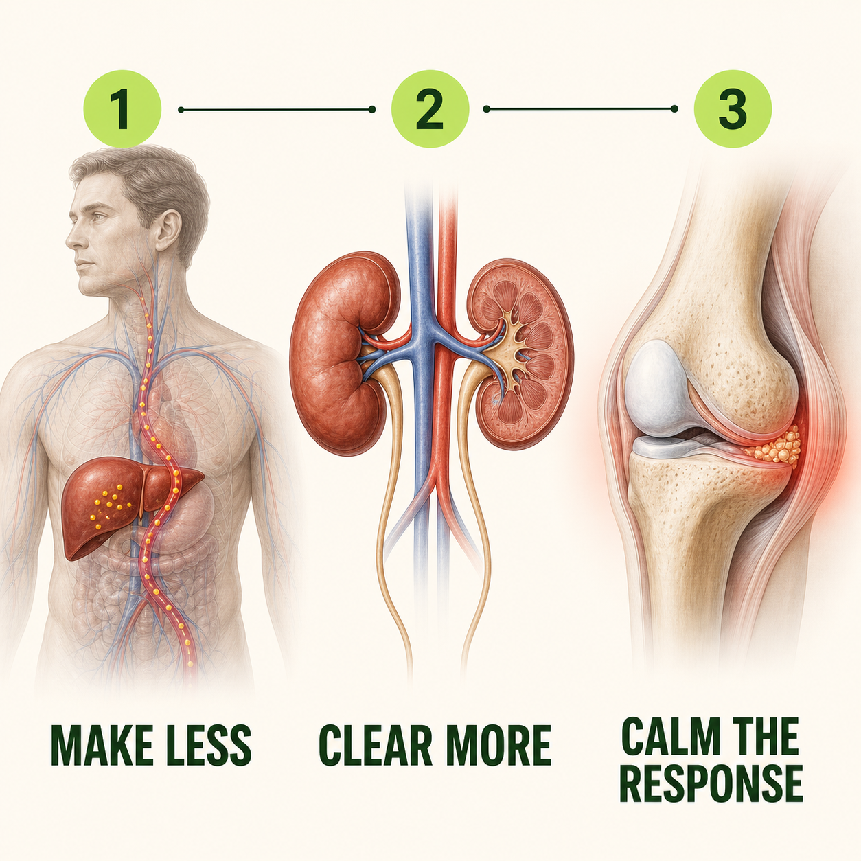 Medical illustration showing make less, clear more, and calm the response