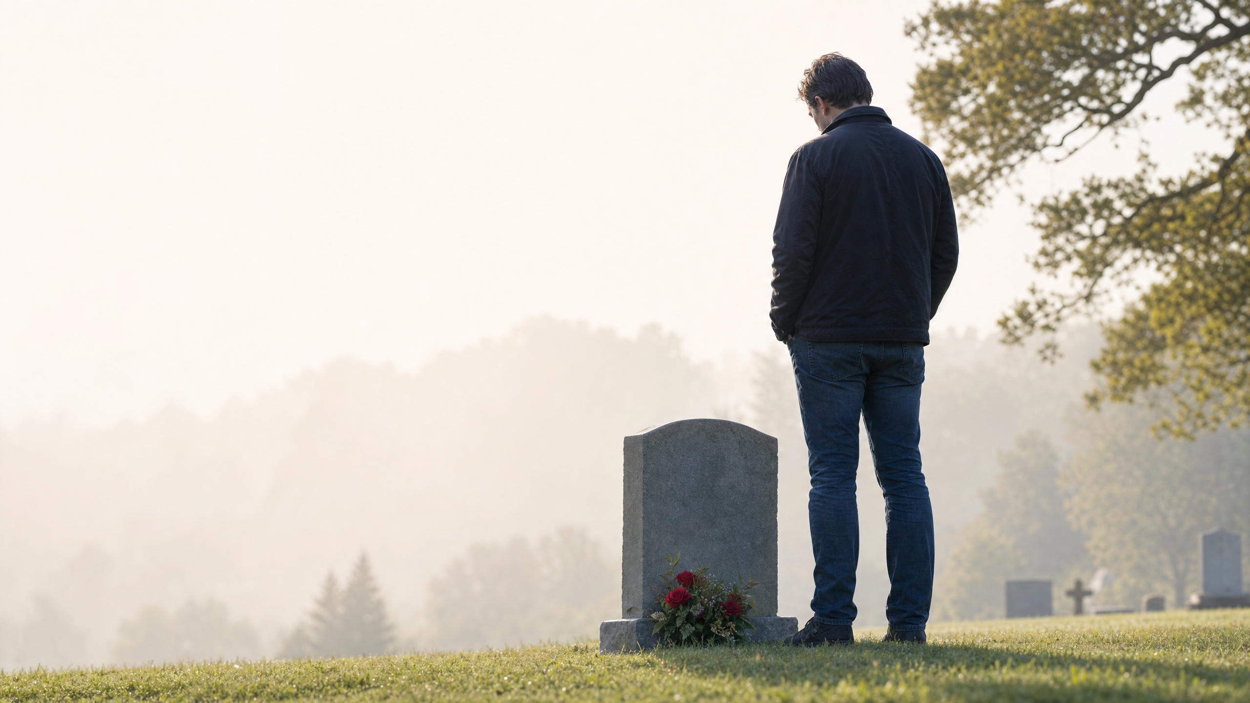 Adult son standing by father’s grave